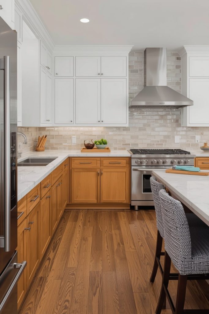 Two-Tone Kitchen Cabinets with Wood Floors