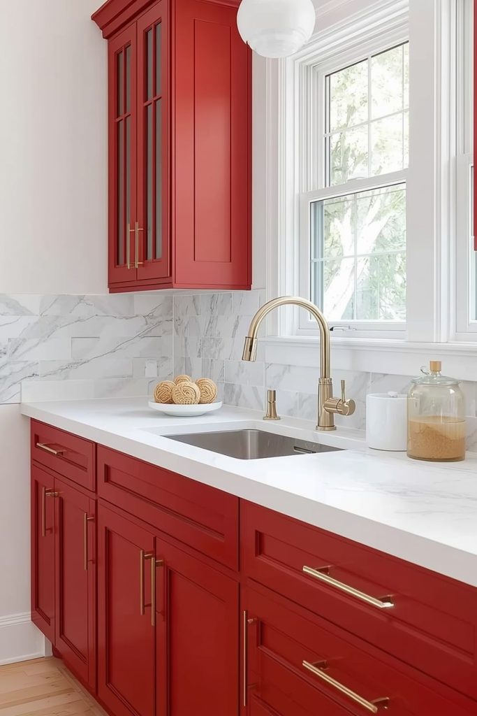 Two-Tone Red and White Kitchen Cabinets