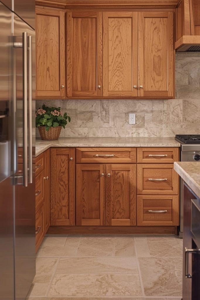 Warm Stone Flooring with Oak Cabinets for Natural Texture