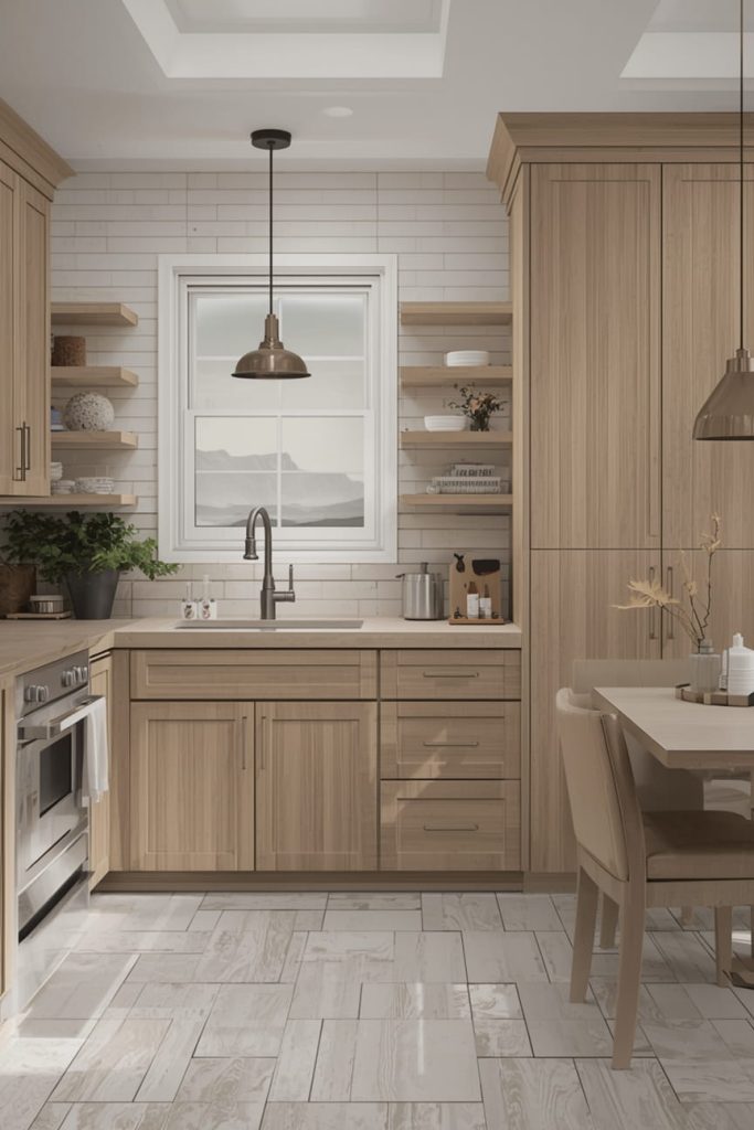 Warm-Toned Flooring with Wood Cabinets for Cozy Kitchens