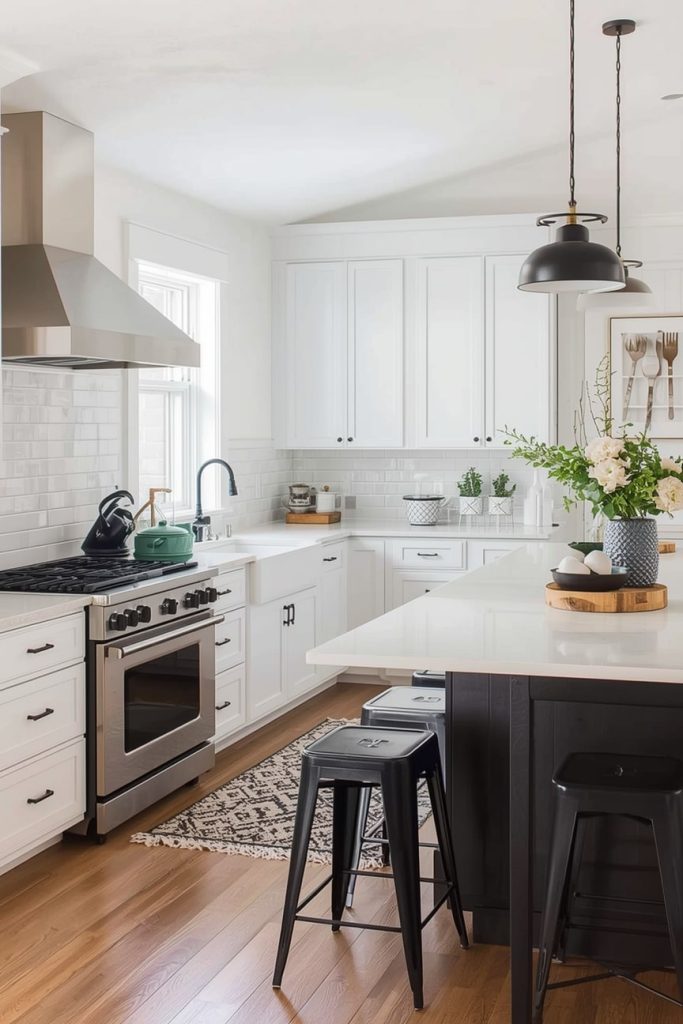 White Farmhouse Kitchen With Black Accents
