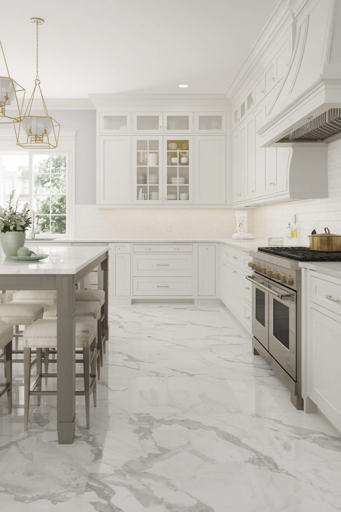 White Kitchen Flooring with Dark Cabinets for Contrast