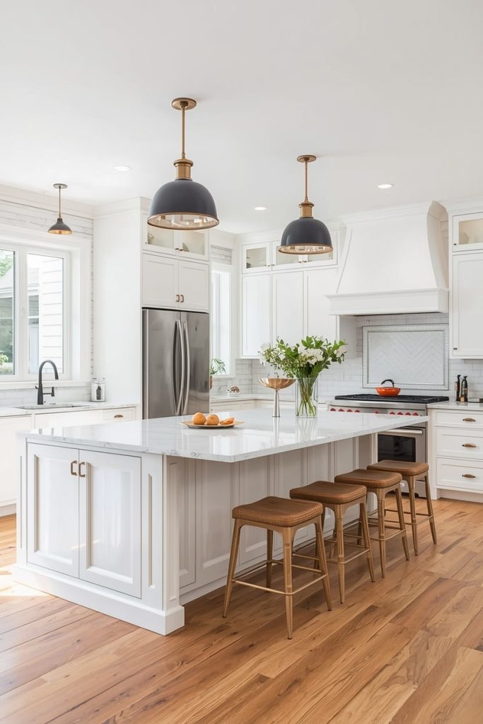 White Kitchen Island with Butcher Block Warmth