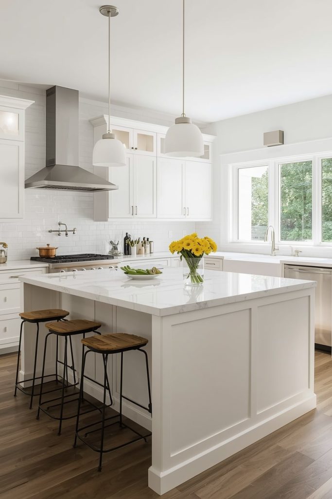 White Kitchen Island with Quartz Countertop Elegance
