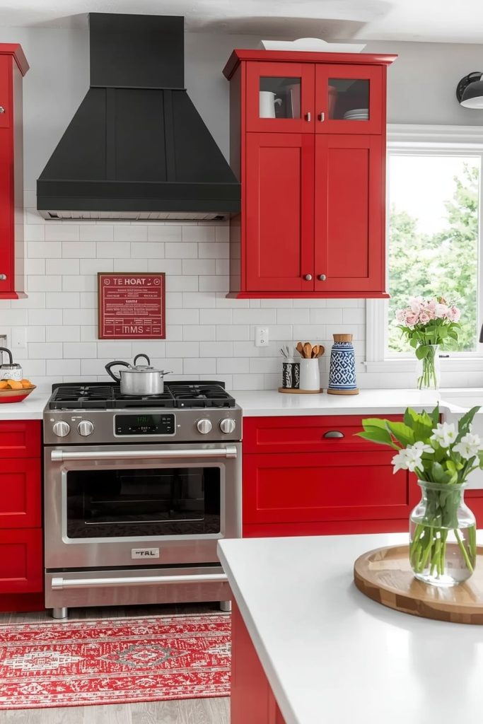 White Kitchen With Red Accents
