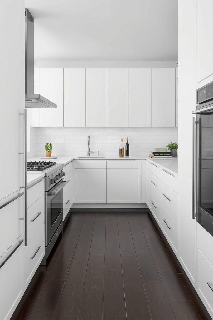 White Kitchen with Dark Floors and Black Hardware Accents