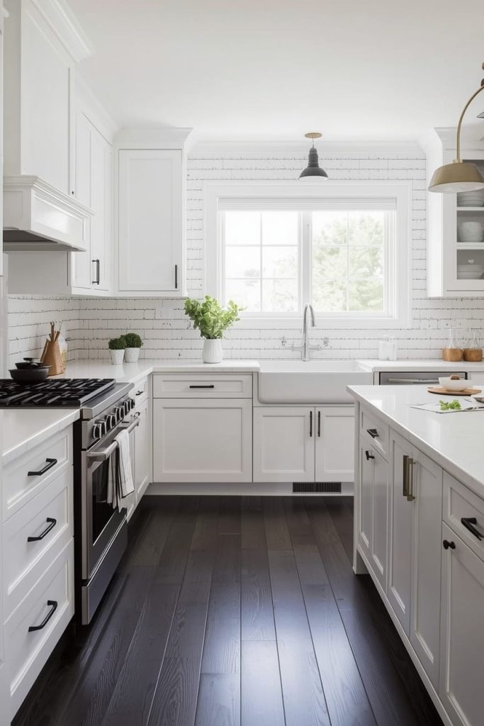 White Kitchen with Dark Floors and Stainless Steel Appliances