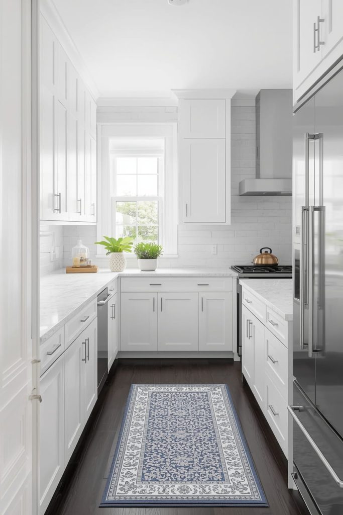 White Kitchen with Dark Floors and a Statement Island