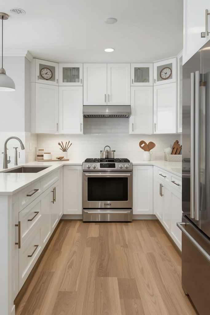 White Kitchen with Dark Wood Floors for Dramatic Contrast
