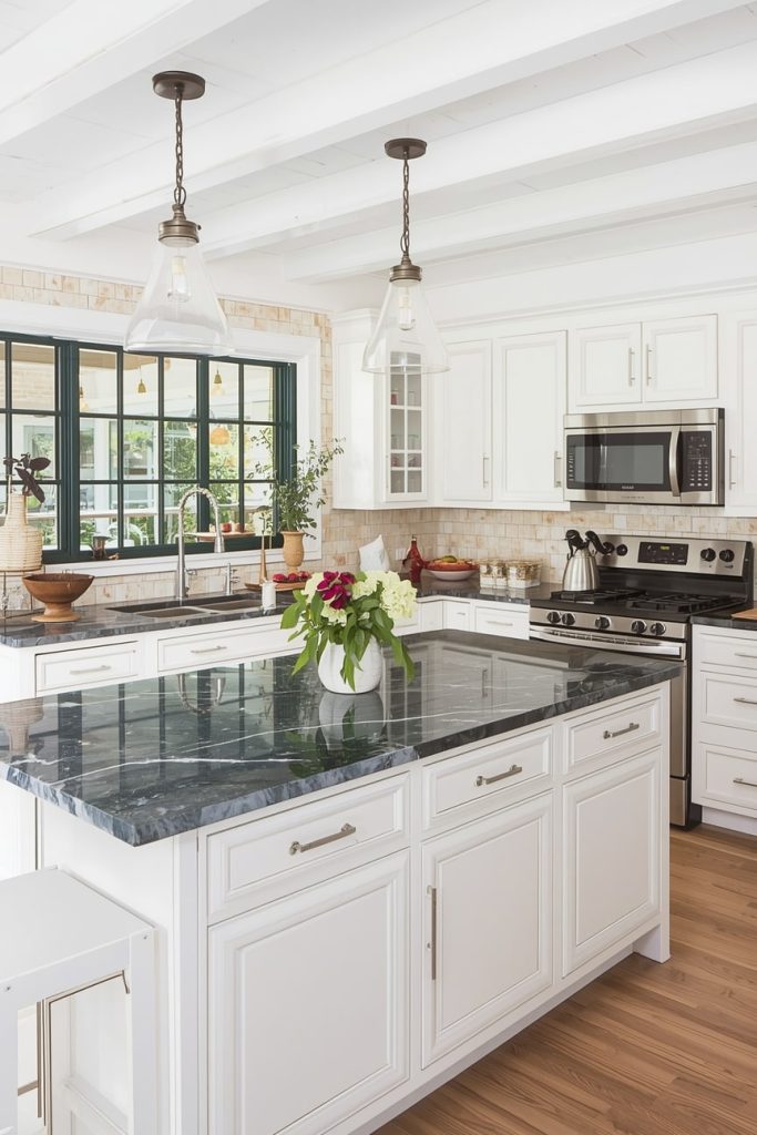 White Kitchen with Island and Seating for Everyday Living