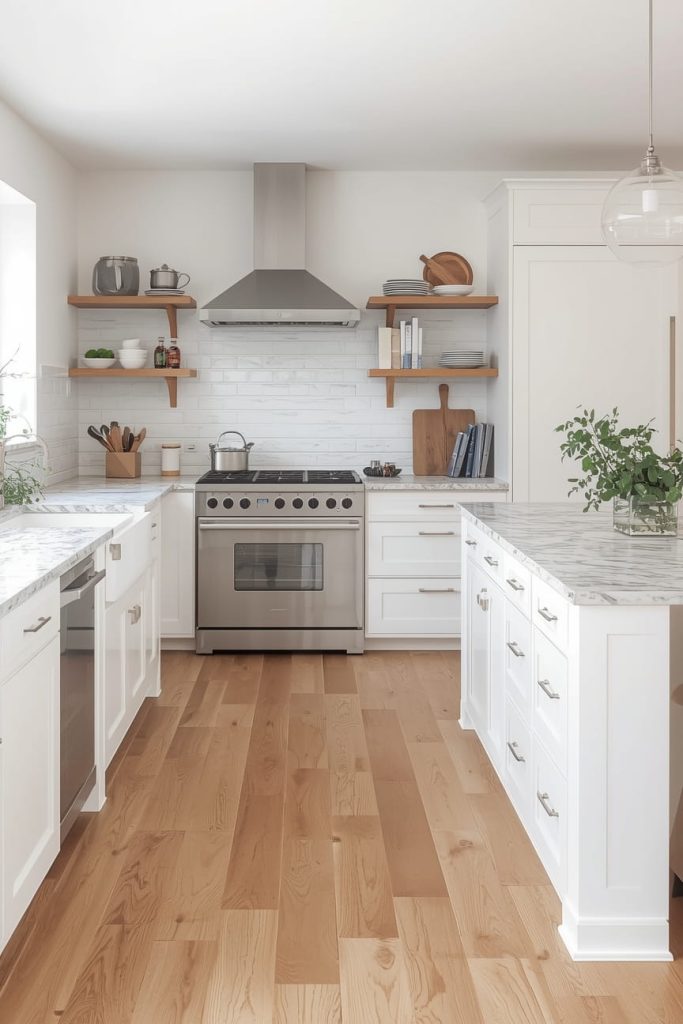 White Kitchen with Natural Wood Floors for Organic Warmth
