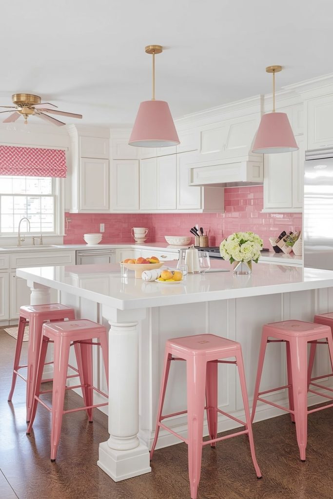White Kitchen with Pink Accents for Subtle Style