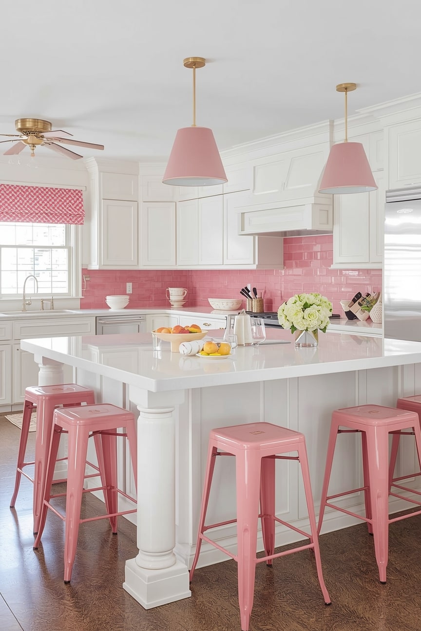 White Kitchen with Pink Accents for Subtle Style-min