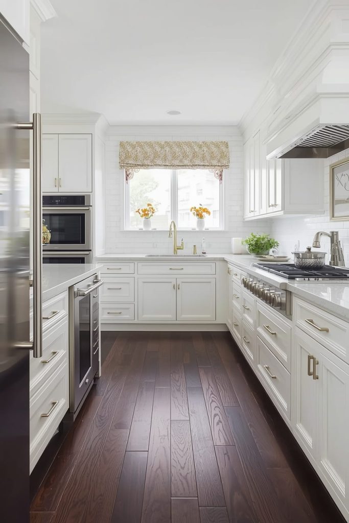 White Kitchen with Wood Floors and Kitchen Island Focus