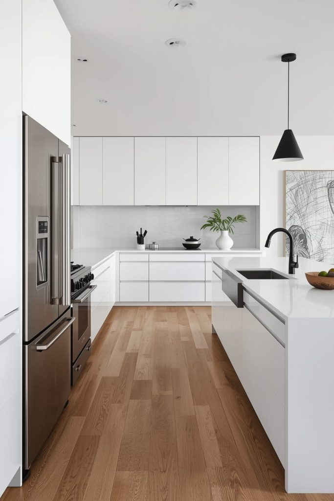 White Kitchen with Wood Floors and Stainless Steel Appliances