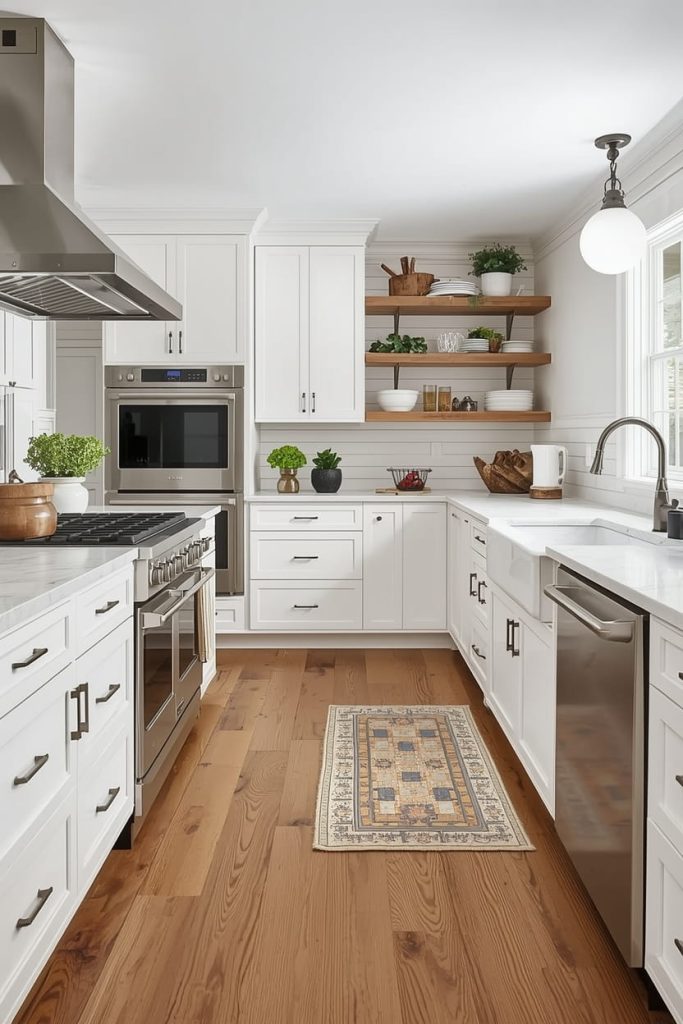 White Kitchen with Wood Floors and Stylish Backsplash