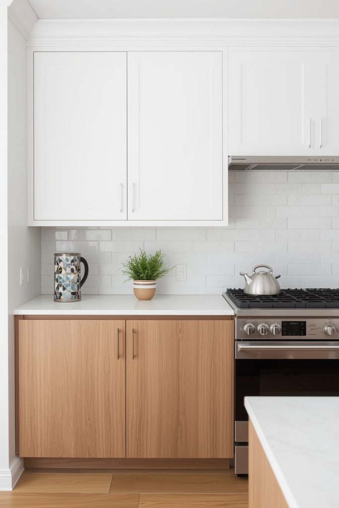 White Upper Cabinets and Wood Lower Cabinets