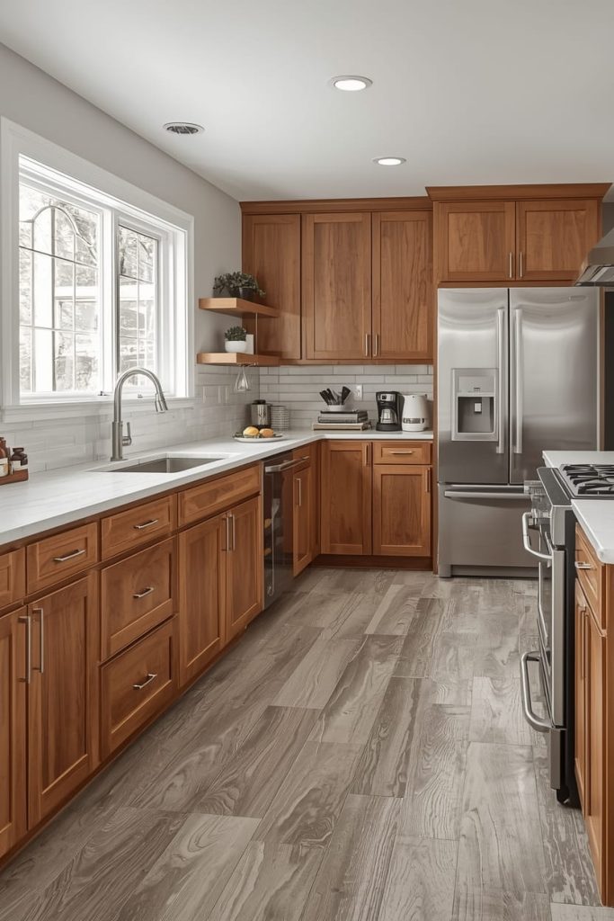 Wood Look Tile Flooring with Wood Cabinets for Visual Interest