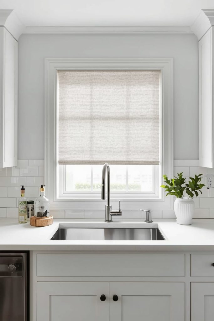 Faux Wood Blinds Above Sink for Moisture Resistance