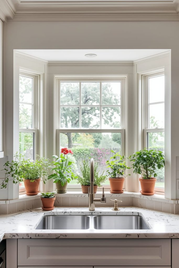 Kitchen Bay Window Decor with Plants and Greenery