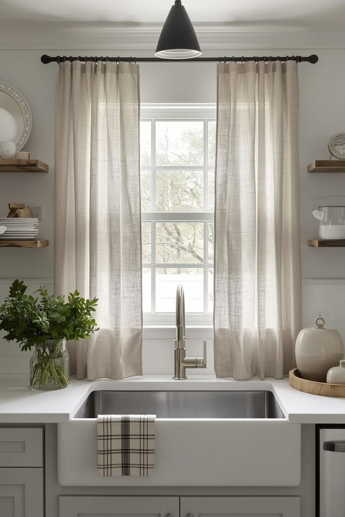 Modern Kitchen Window Curtains Over Sink with Clean Lines