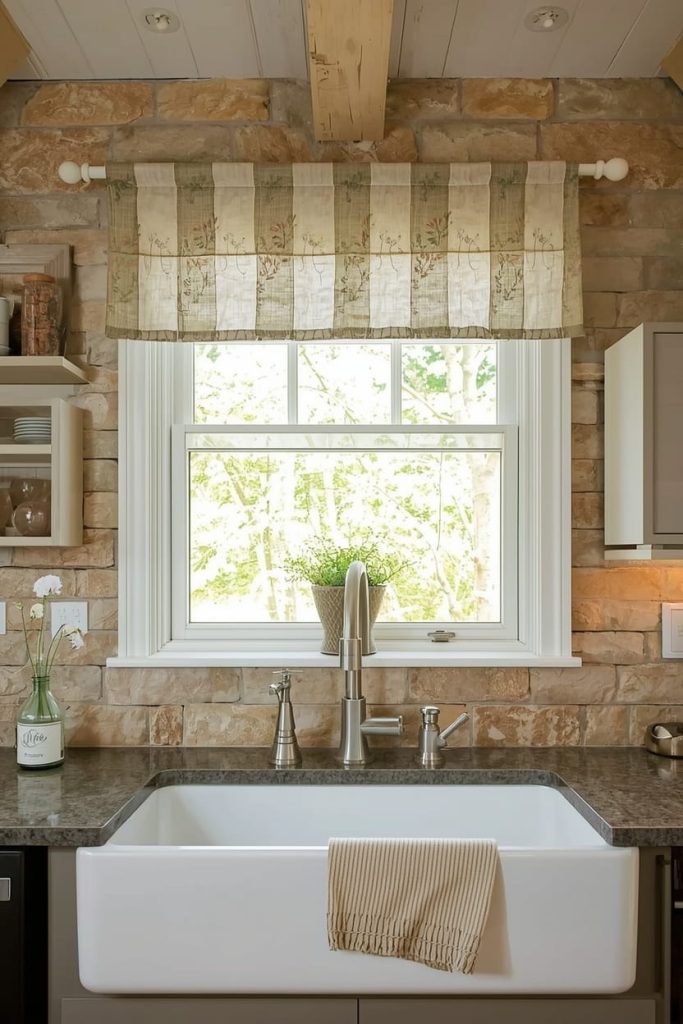 Rustic Kitchen Window Curtains Over Sink with Natural Patterns