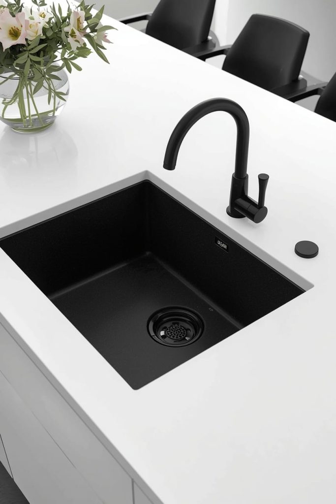 Black Granite Sink with White Marble Counter