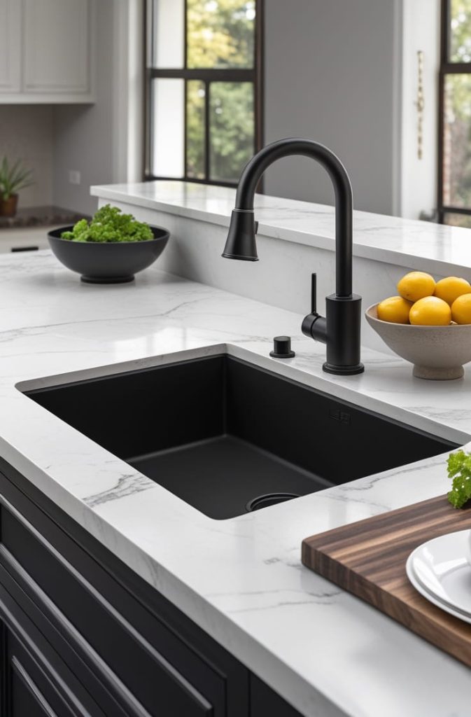 Black Kitchen Sink with Gold Faucet for a Luxury Contrast