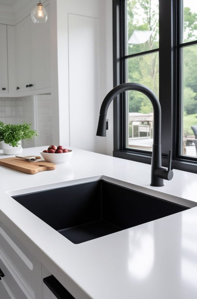 Black Sink with Waterfall White Countertop