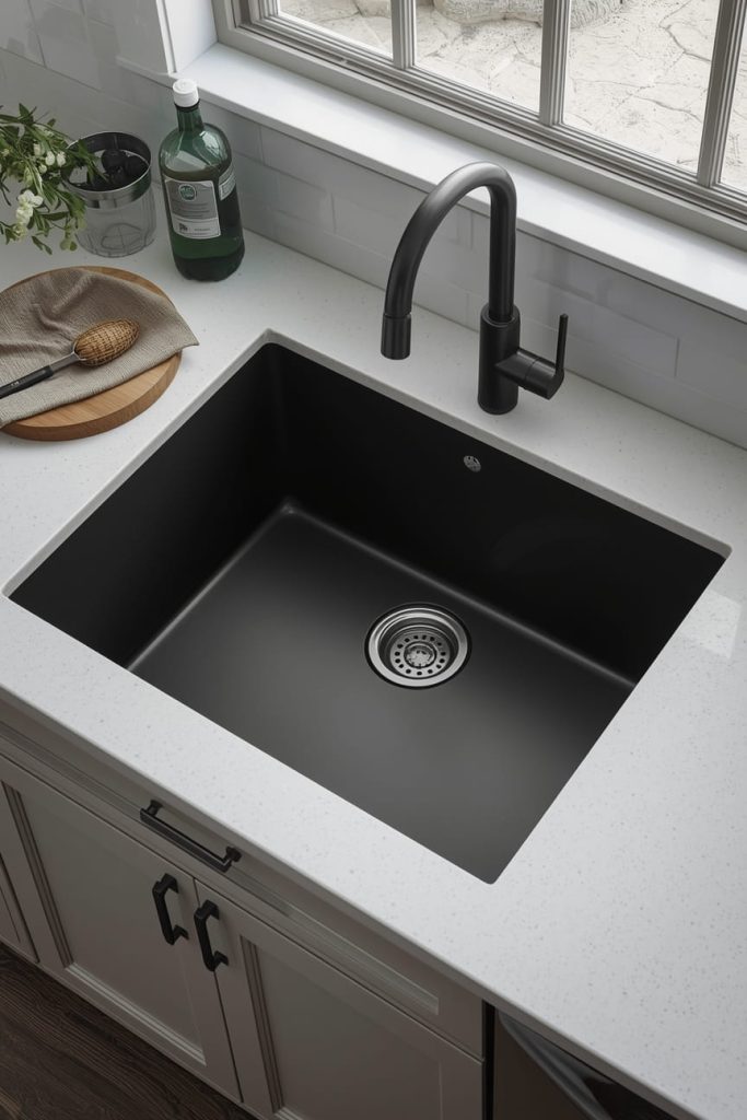 Black Undermount Sink with Gold Hardware for High Contrast Design
