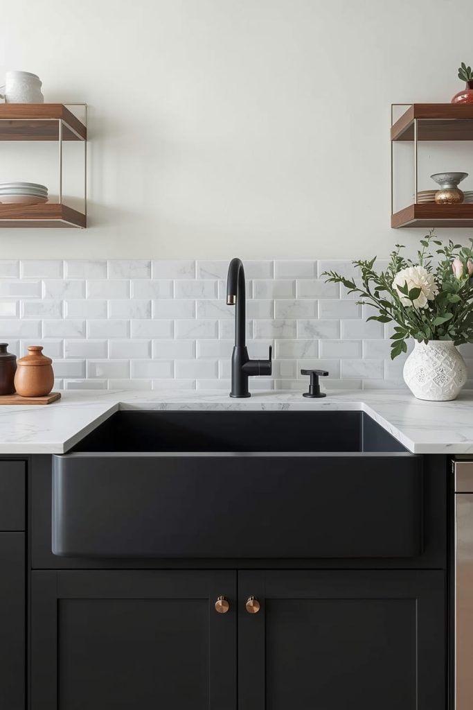 Black Undermount Sink with Waterfall Countertop Edge