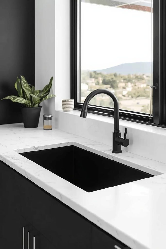 Corner Black Sink with White Counter for Small Kitchens
