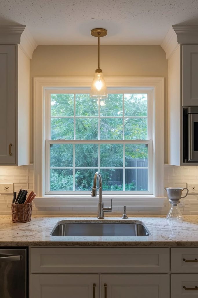 Floating Shelf Storage Above Windowless Kitchen Sink