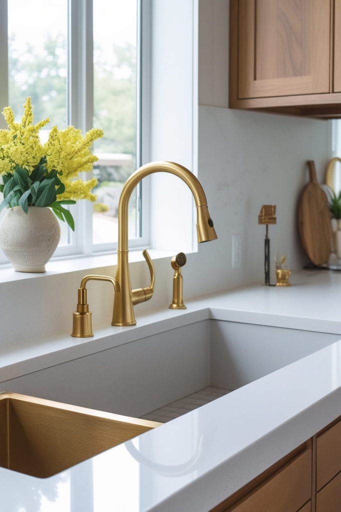 Marble Countertop Sink With Gold Faucet