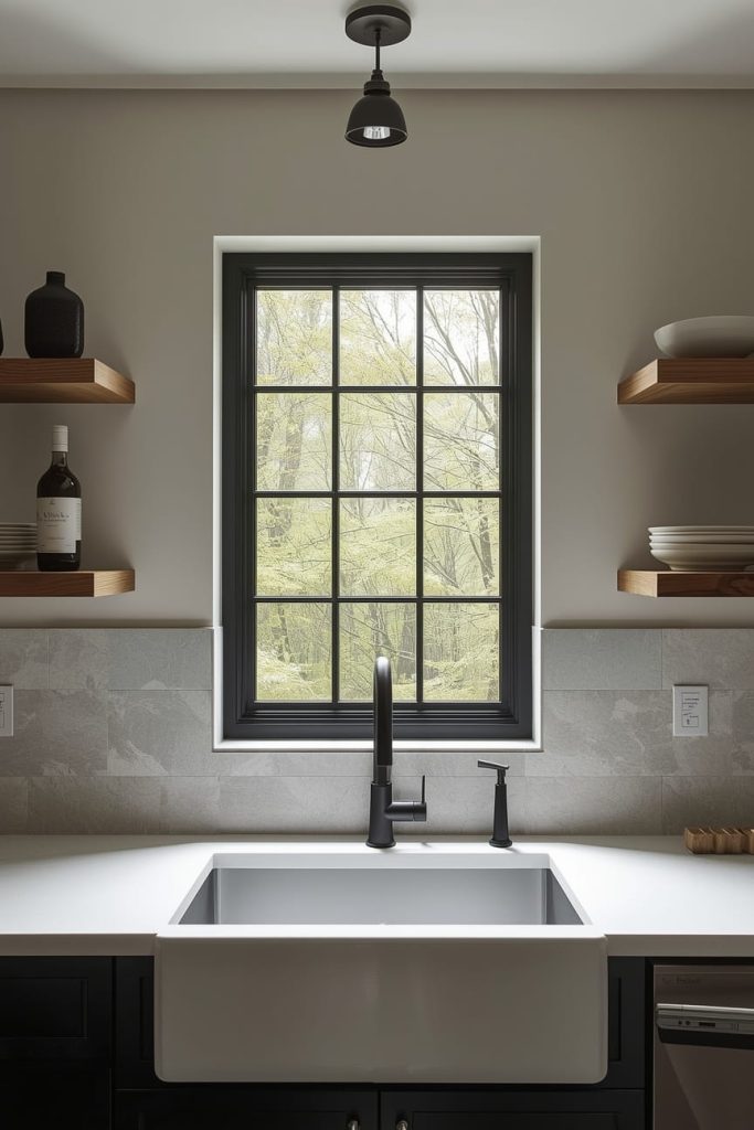 Minimalist Kitchen Window Above Sink with Black Frame