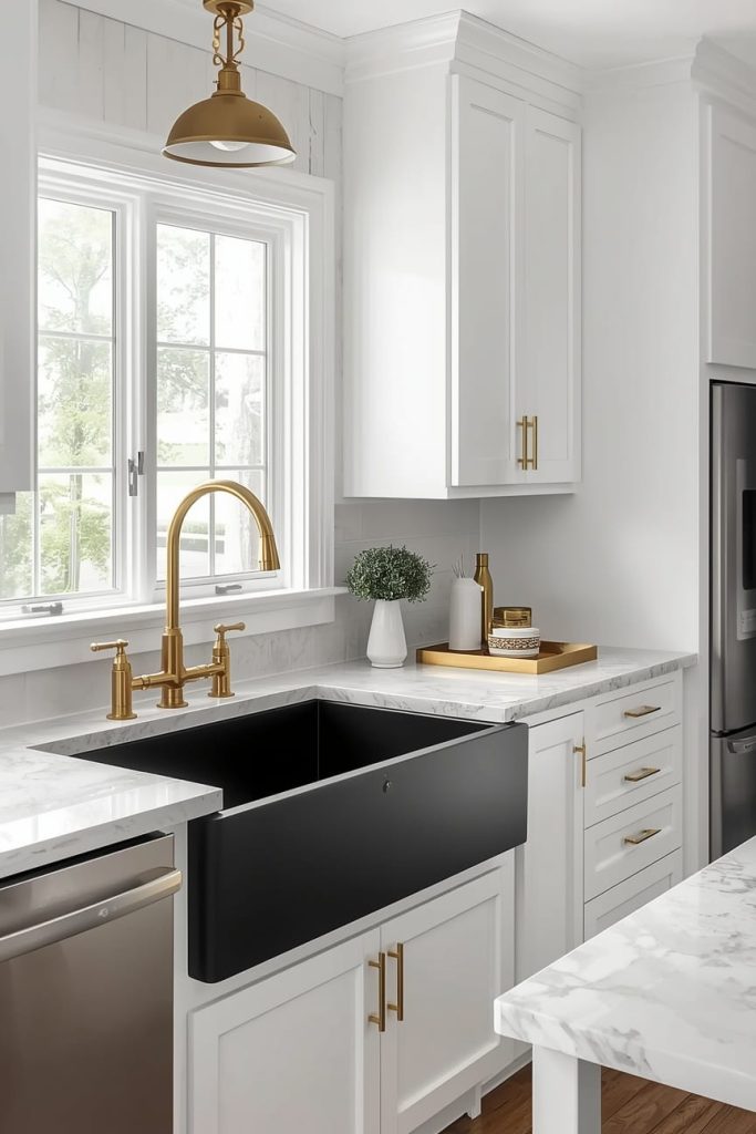 Minimalist White Kitchen with Black Sink