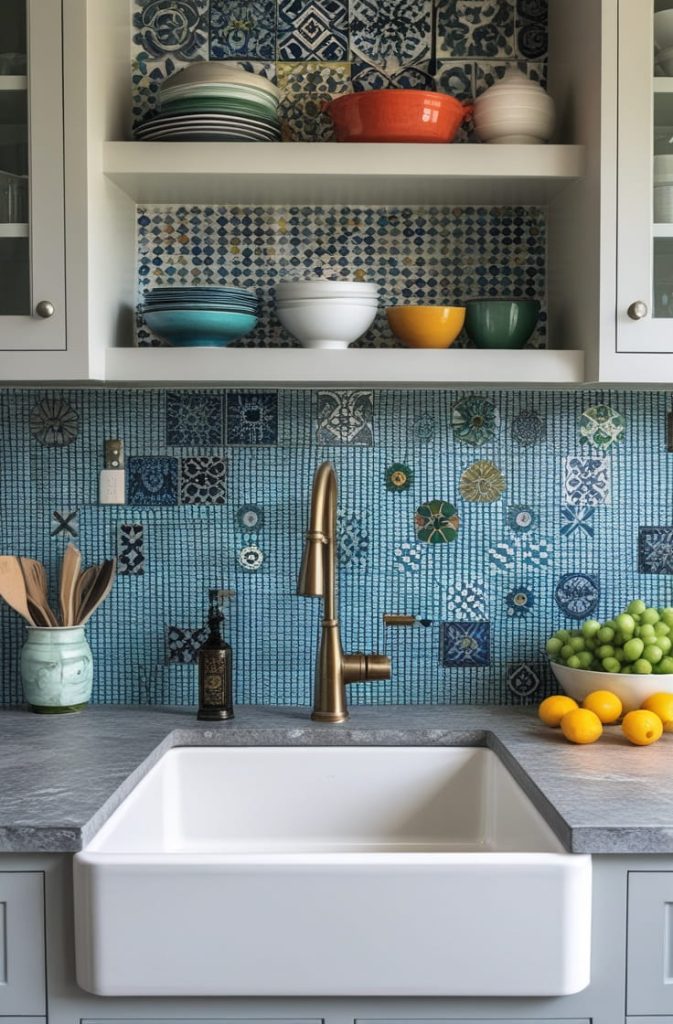 Mosaic Tile Backsplash Kitchen Sink