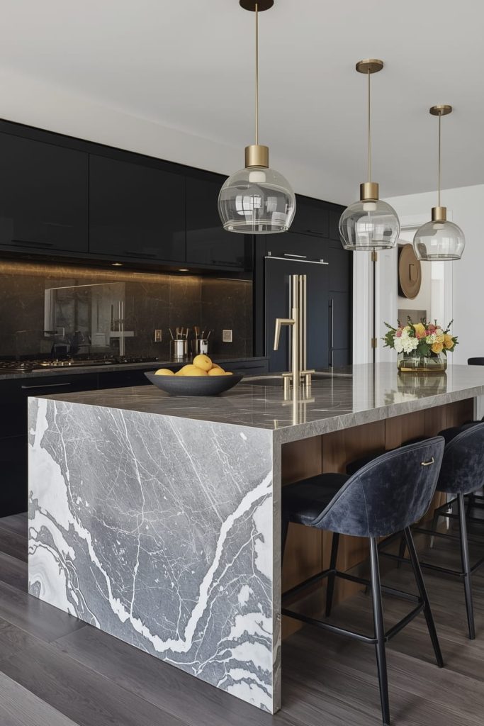 Open Kitchen with Waterfall Island Countertop for Luxury Appeal