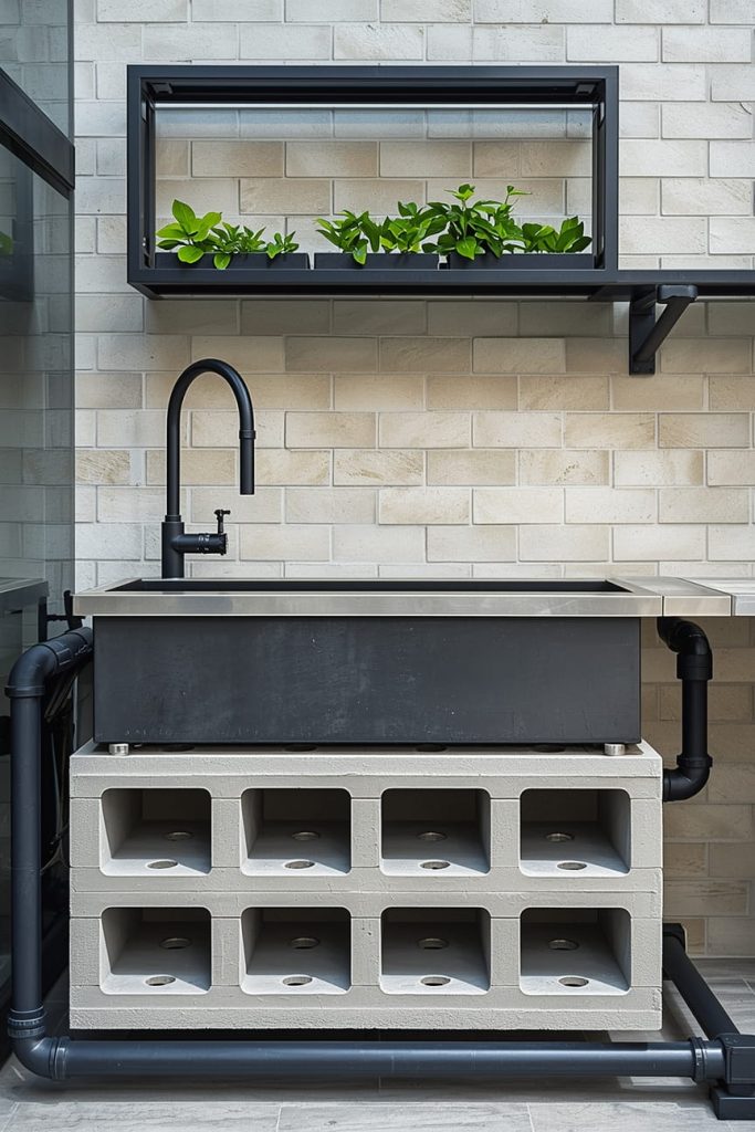 Rustic Cinder Block Sink with Wooden Countertop