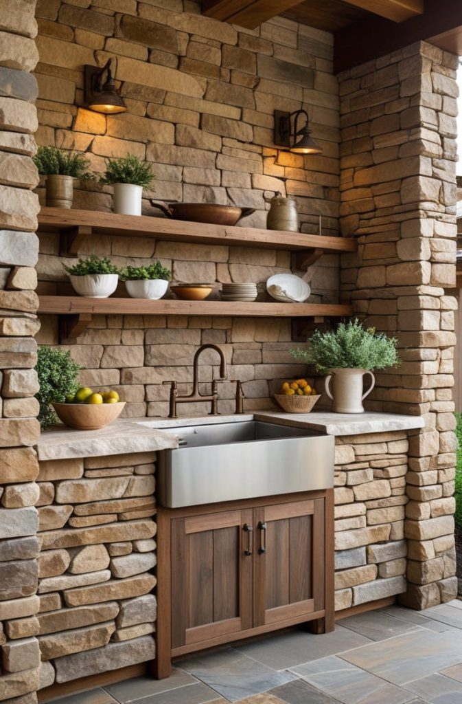 Rustic Outdoor Kitchen Sink with Stone Countertop Charm