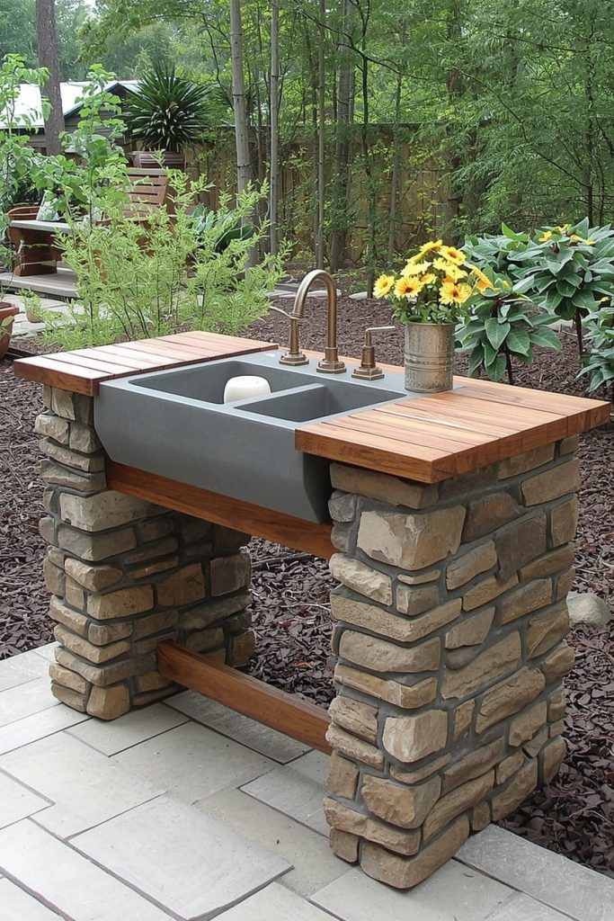 Rustic Stone and Wood Patio Sink