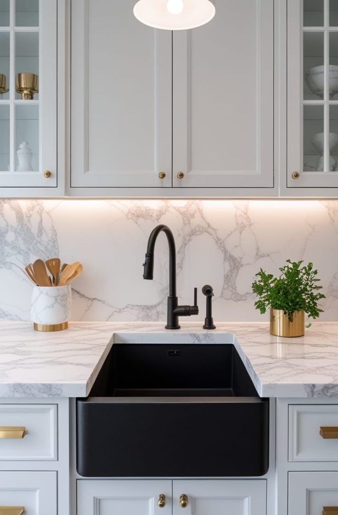 Small White Kitchen with Black Sink