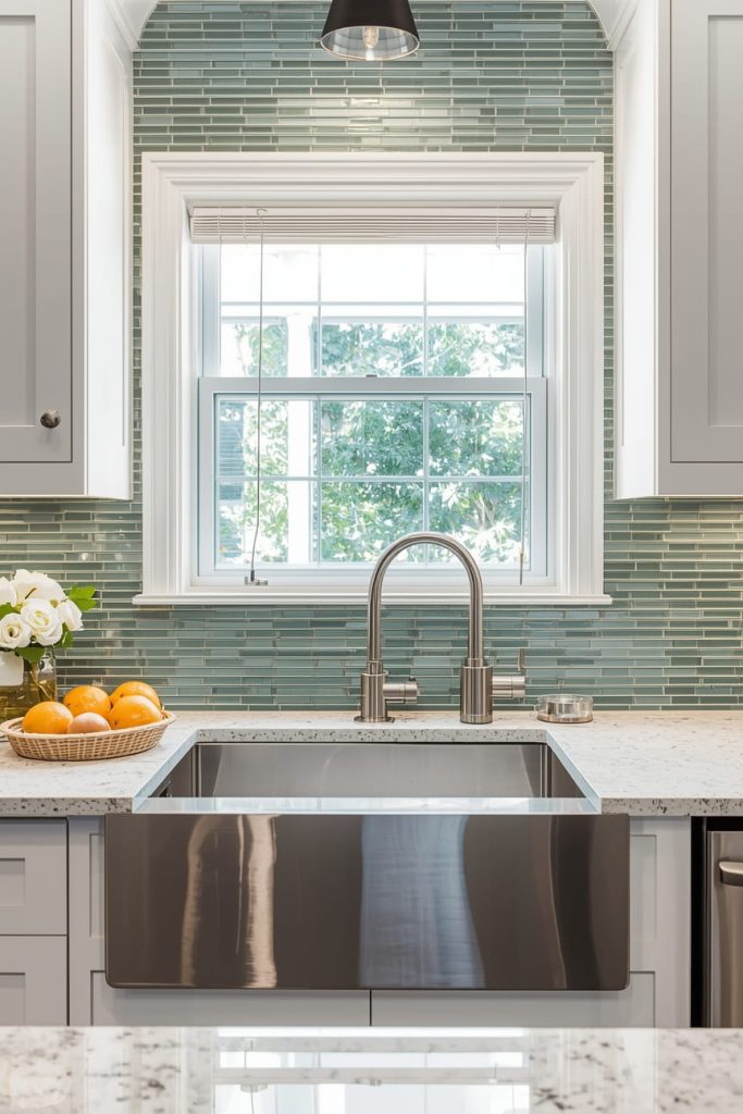 Stone Backsplash Behind Kitchen Sink