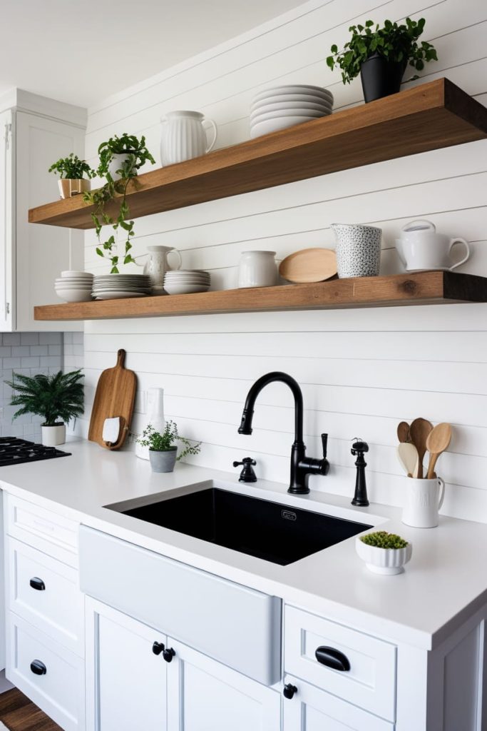White Farmhouse Kitchen with Black Farmhouse Sink
