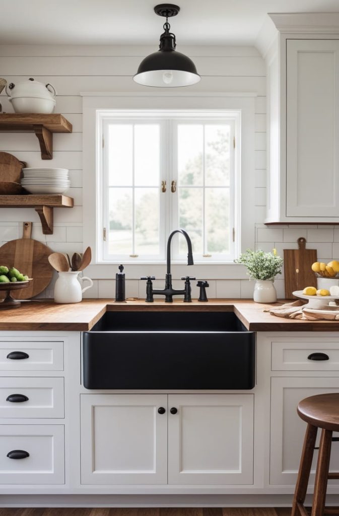 White Kitchen with Black Sink and Open Shelving