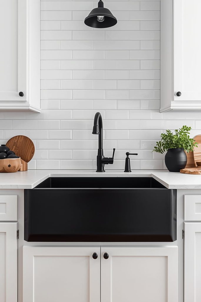 White Kitchen with Black Sink and Subway Tile Backsplash