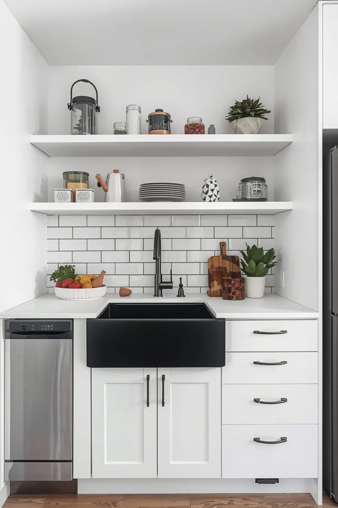 White Kitchen with Black Undermount Sink and Marble Countertops