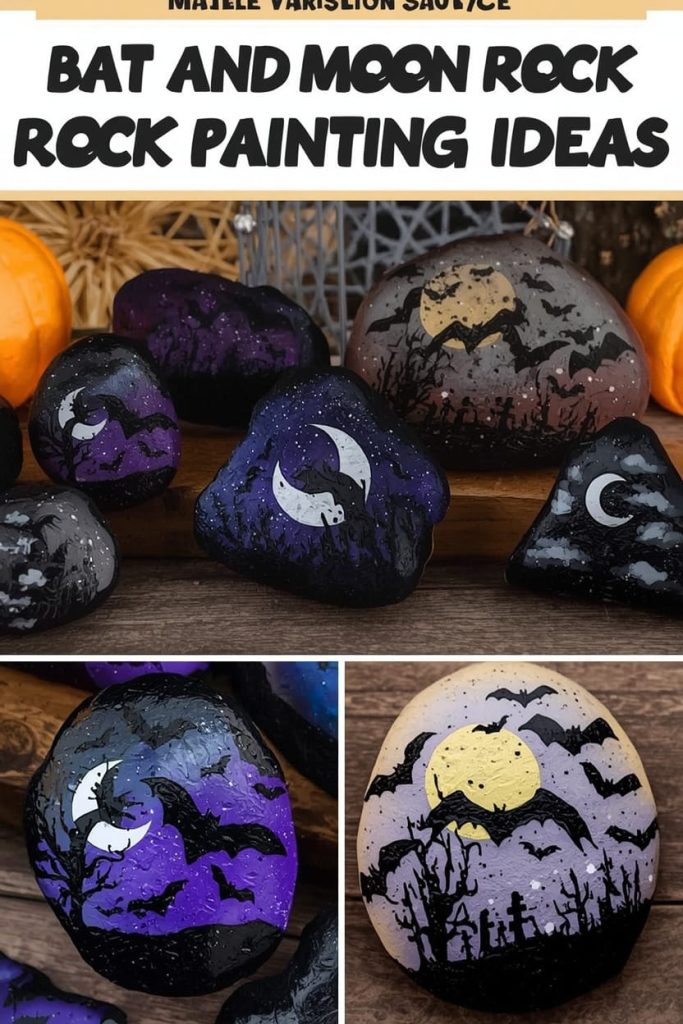 Bat and Moon Rock Painting Ideas for Spooky Night Scenes