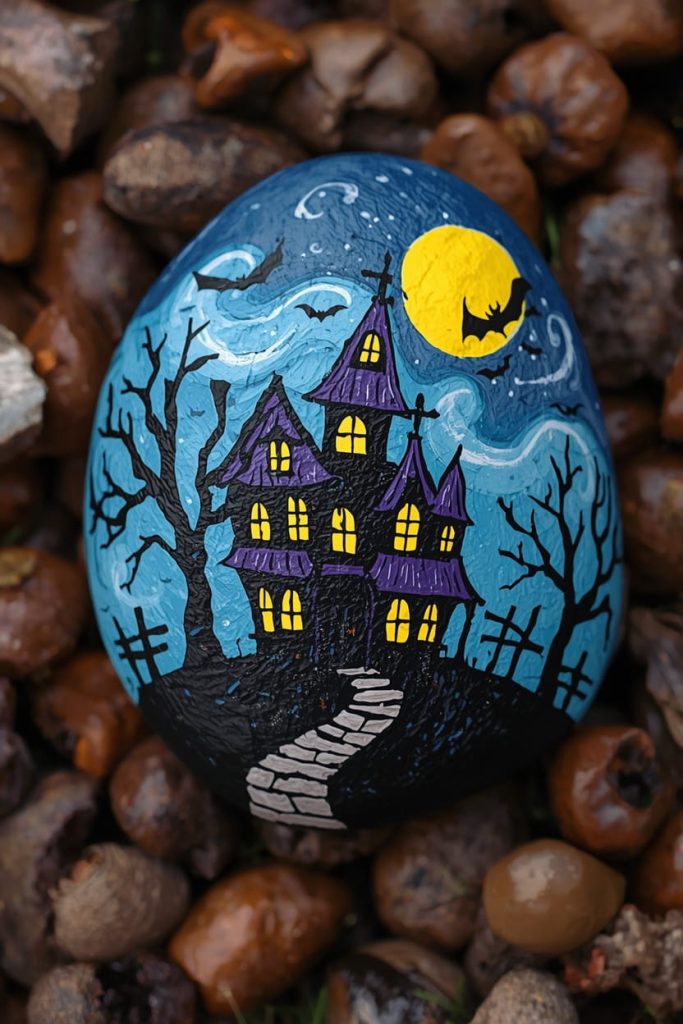 Witch Hat and Black Cat Halloween Rock Art